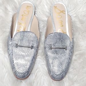 SAM EDELMAN Laurna Silver Snake Horsebit Mules 11